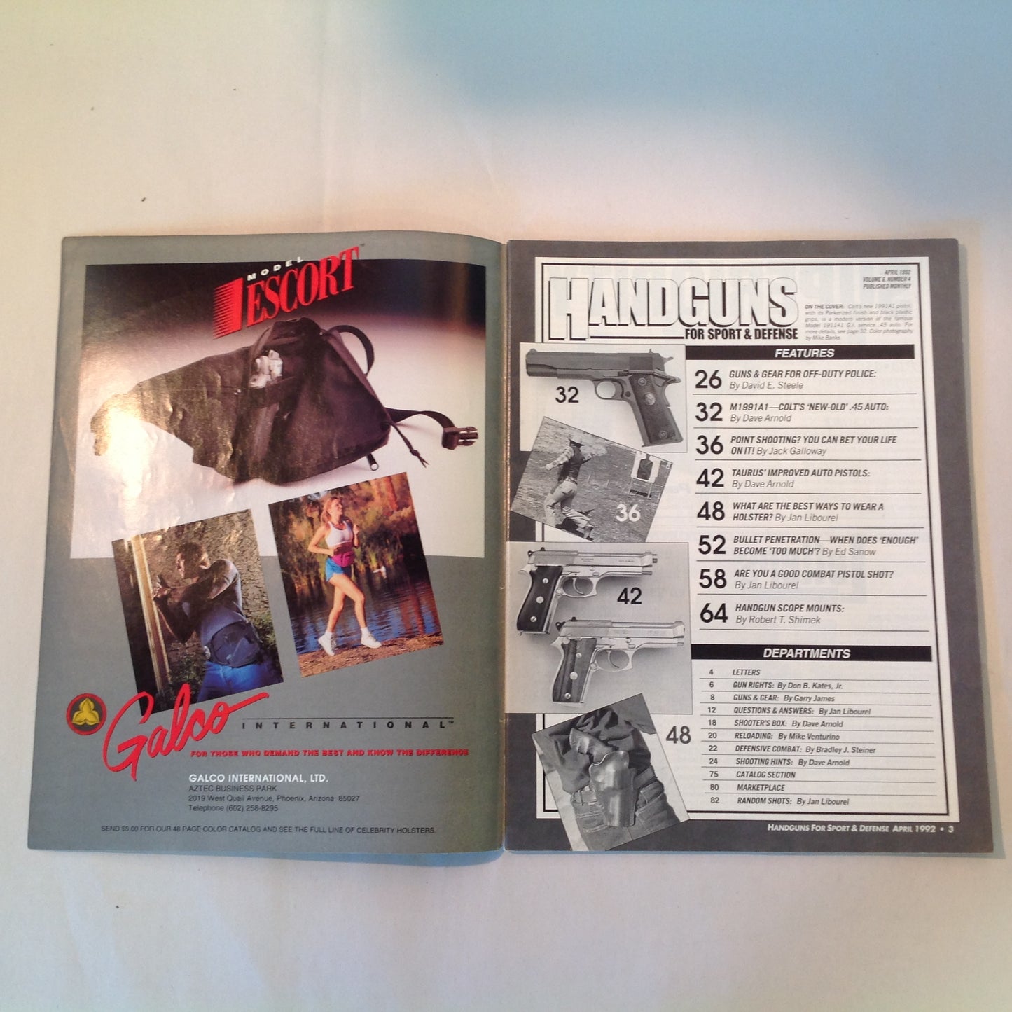 Vintage Apr 1992 Guns & Ammo Handguns For Sport & Defense Magazine Colt .45 Auto Point Shooting Special Combat Issue Penetration Enough Too Much
