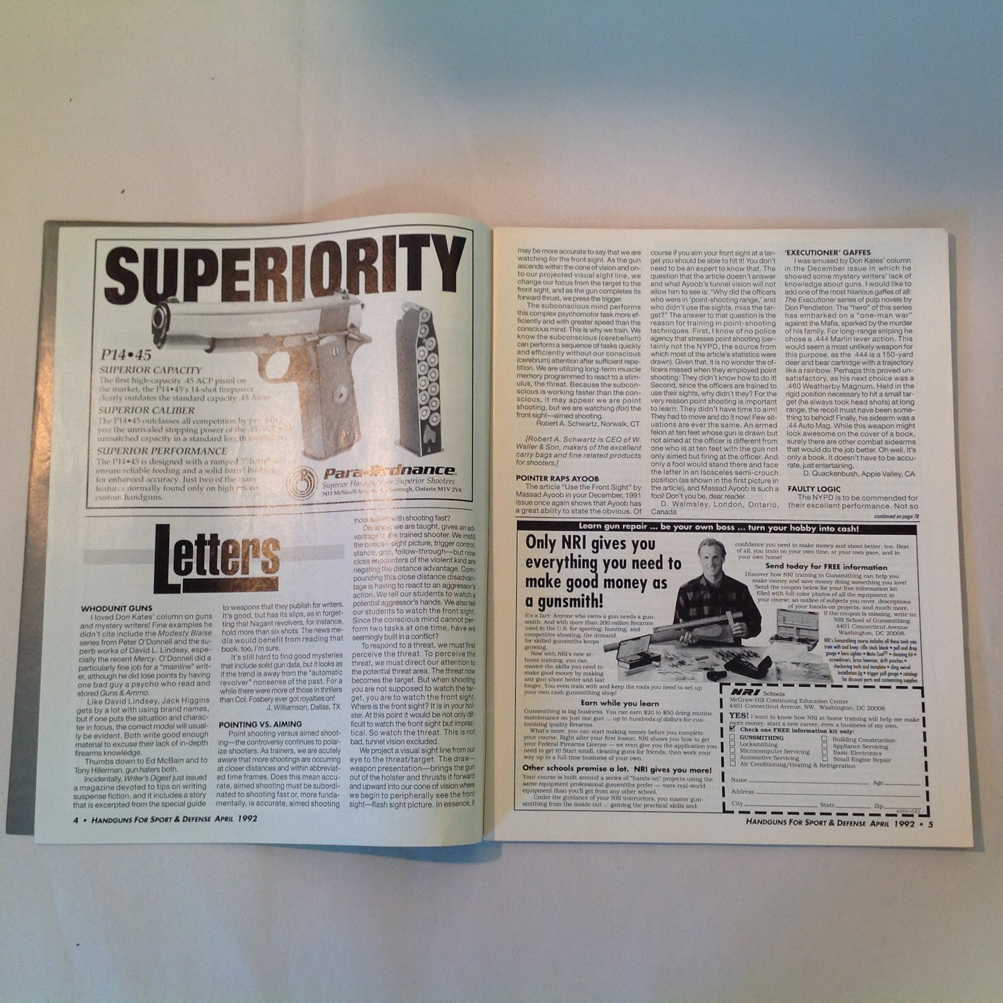 Vintage Apr 1992 Guns & Ammo Handguns For Sport & Defense Magazine Colt .45 Auto Point Shooting Special Combat Issue Penetration Enough Too Much