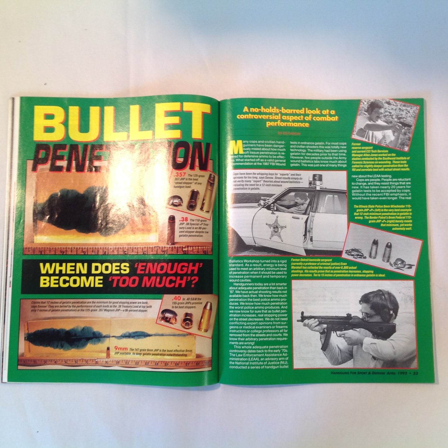 Vintage Apr 1992 Guns & Ammo Handguns For Sport & Defense Magazine Colt .45 Auto Point Shooting Special Combat Issue Penetration Enough Too Much
