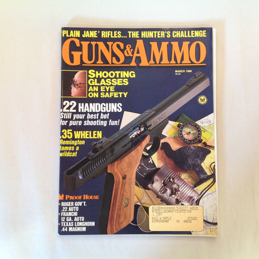 Vintage Mar 1988 Guns & Ammo Magazine Shooting Glasses .22 Handguns .35 Whelen Plain Jane Rifles