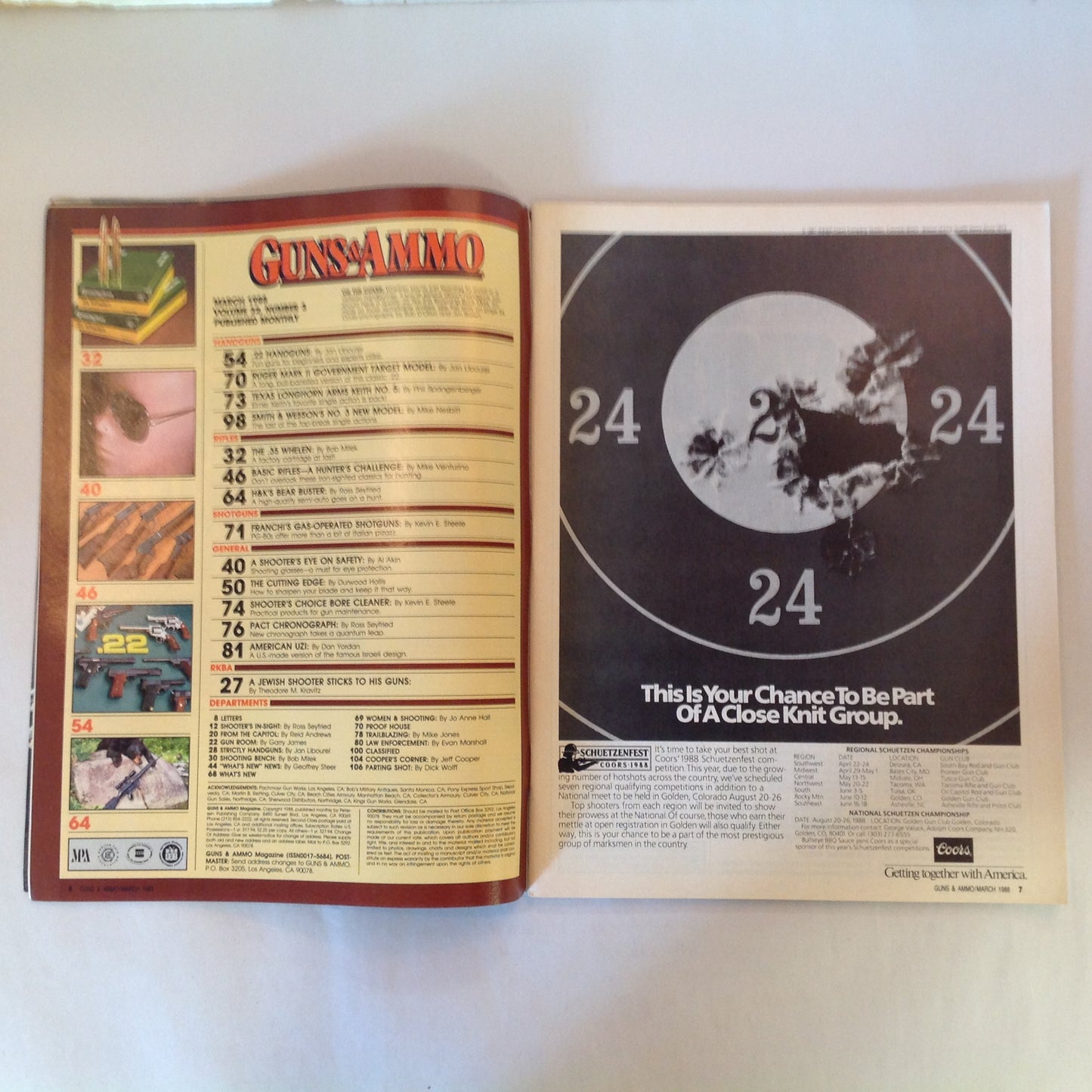 Vintage Mar 1988 Guns & Ammo Magazine Shooting Glasses .22 Handguns .35 Whelen Plain Jane Rifles