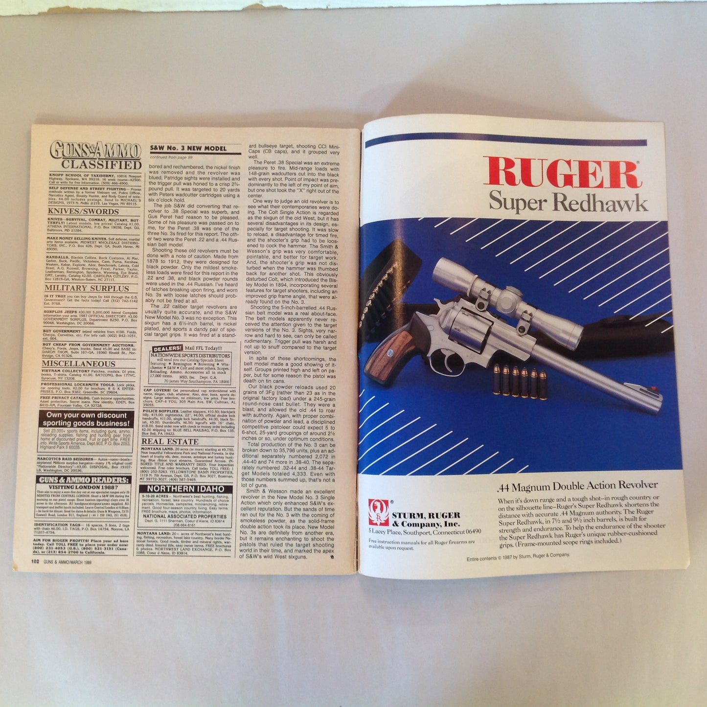 Vintage Mar 1988 Guns & Ammo Magazine Shooting Glasses .22 Handguns .35 Whelen Plain Jane Rifles