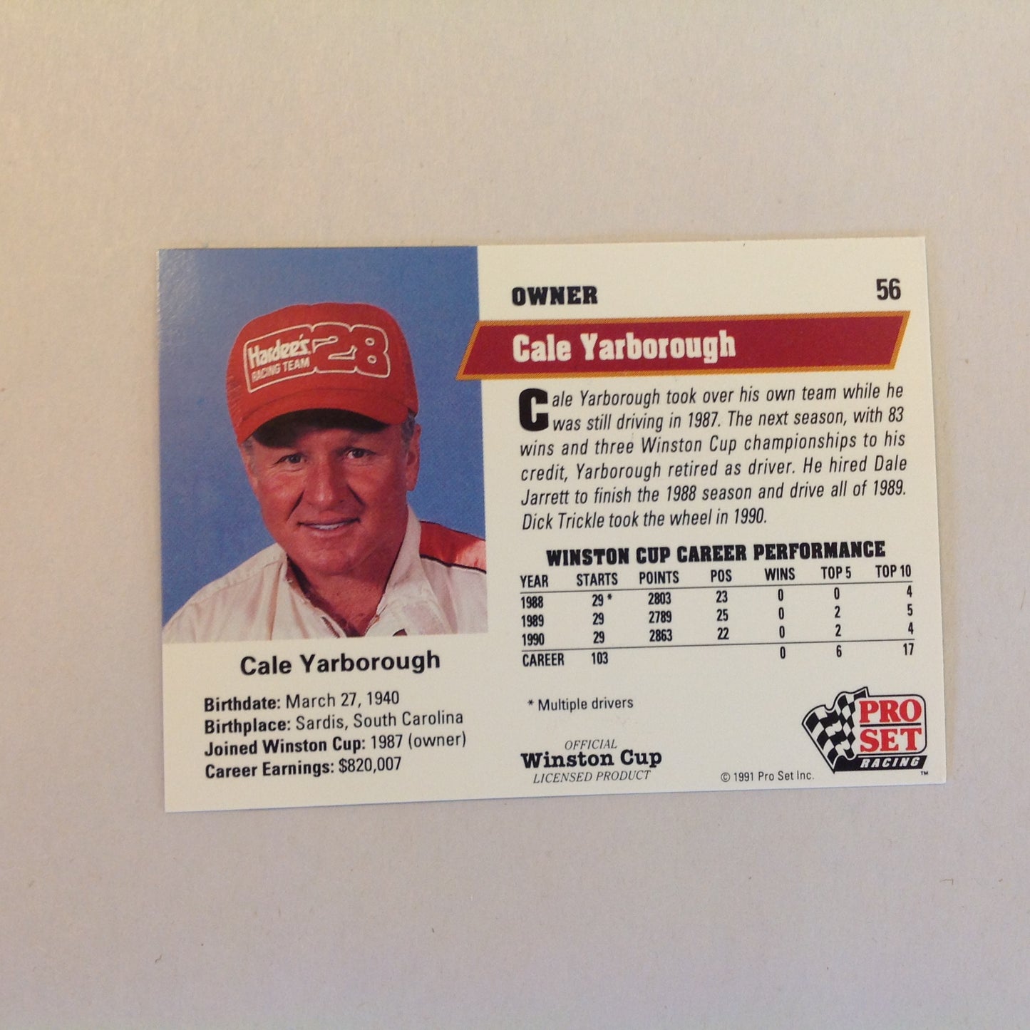 Vtg 1991 Pro Set Racing Signed Card Cale Yarborough Helmet NASCAR Autographed