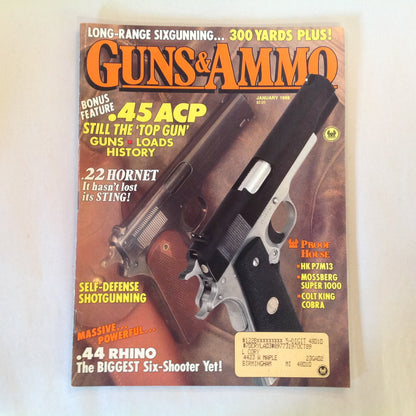 Vintage Jan 1988 Guns & Ammo Magazine .45 ACP .22 Hornet Self-Defense Shotgunning .44 Rhino