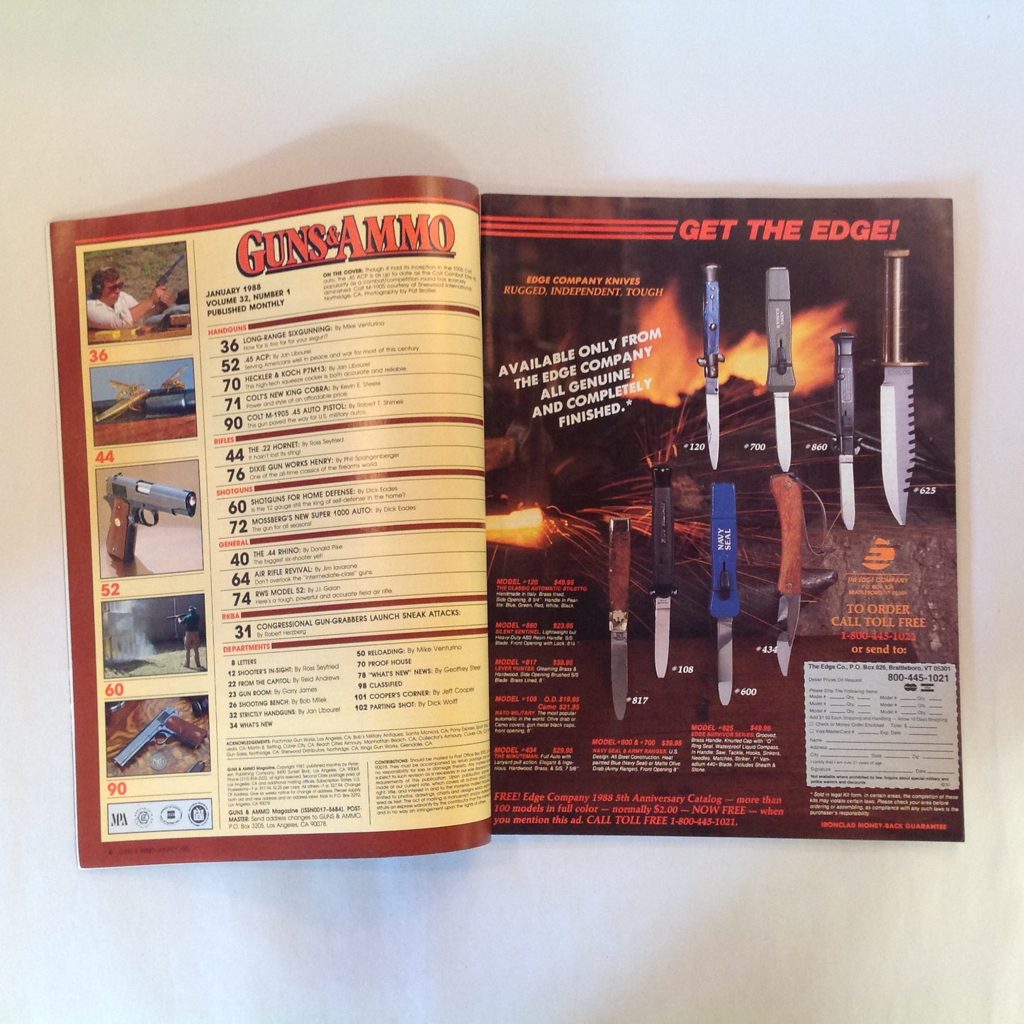 Vintage Jan 1988 Guns & Ammo Magazine .45 ACP .22 Hornet Self-Defense Shotgunning .44 Rhino