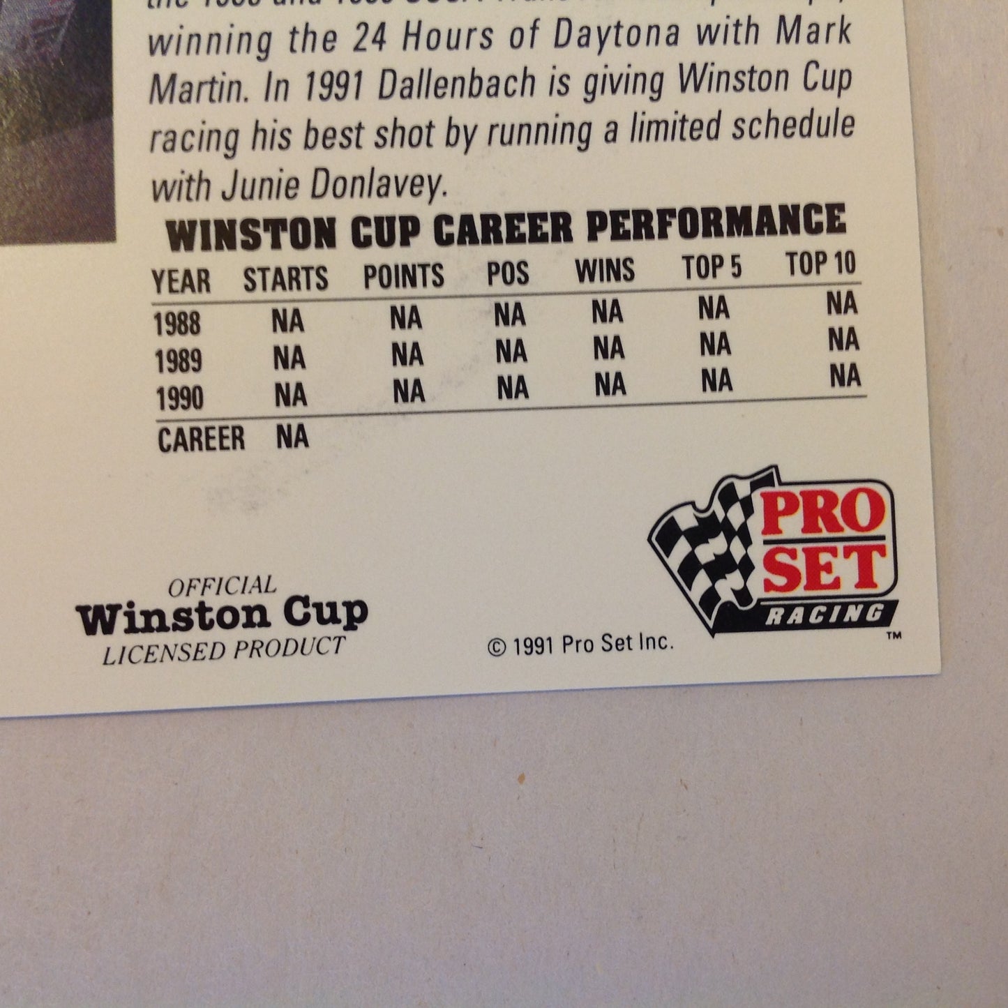 Vtg 1991 Pro Set Racing Signed Card Wally Dallenbach Driver NASCAR Autographed