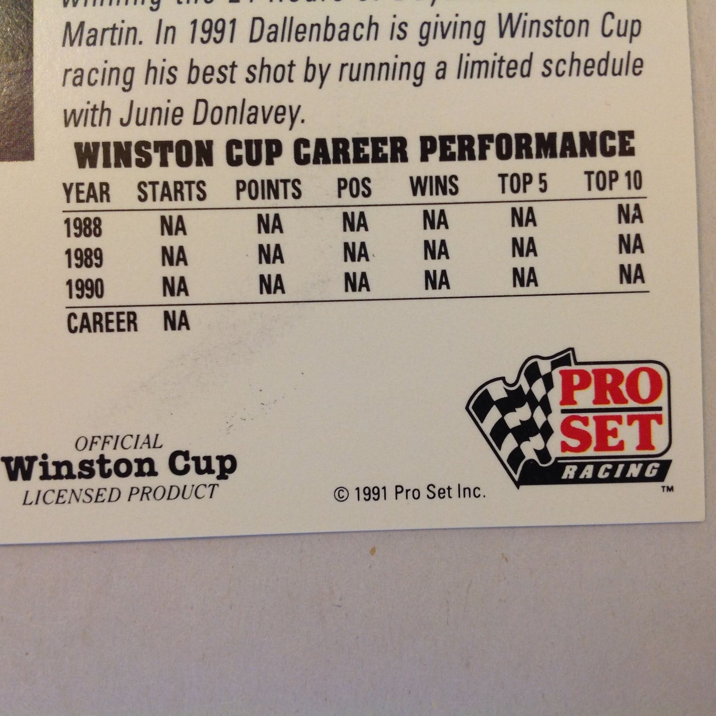 Vtg 1991 Pro Set Racing Signed Card Wally Dallenbach Driver NASCAR Autographed