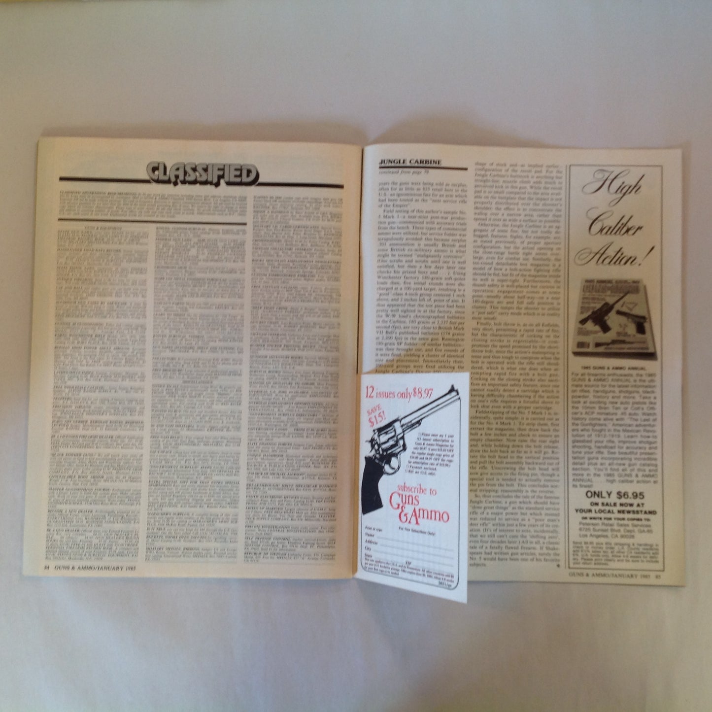 Vintage Jan 1985 Magazine Guns & Ammo Magazine Exclusive .22 LR Big-Bore Snubbies Handloads Hunters Colt Ultimate Python
