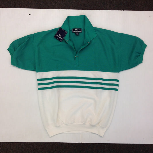 Vintage 1980's Polo Shirt Green White Stripe Steeplechase Short Sleeve Small New With Tags