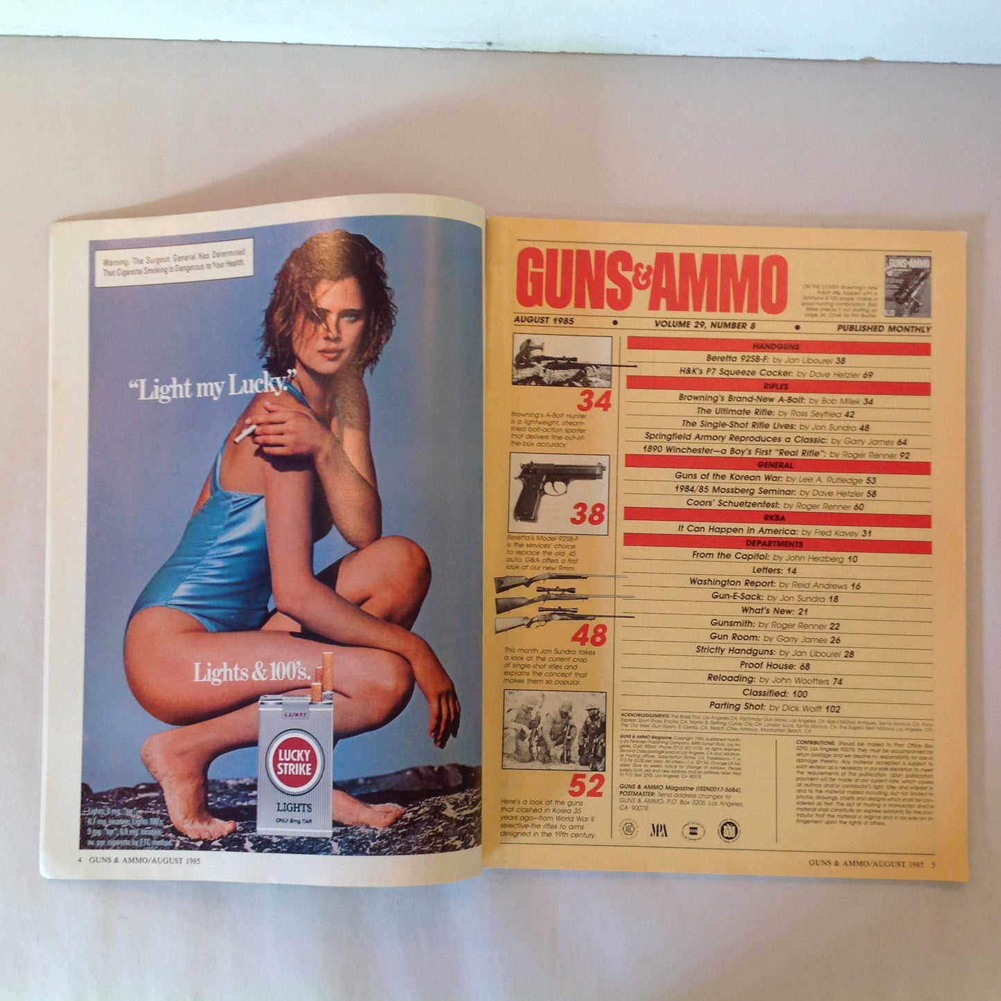 Vintage Aug 1985 Guns & Ammo Magazine Browning's Accurate A-Bolt Beretta 9mm Auto Pistol Single Shot Rifle Roundup
