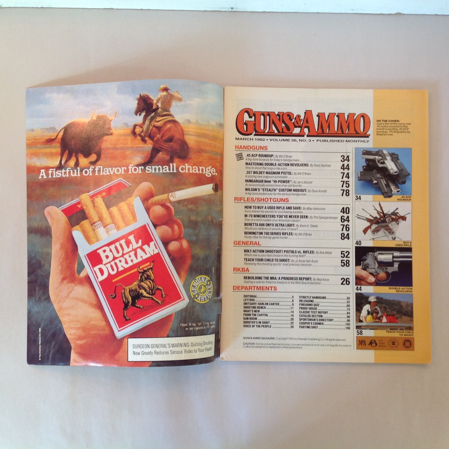 Vintage Mar 1992 Guns & Ammo Magazine .45 Roundip Used Rifles Bolt-Action Shootout