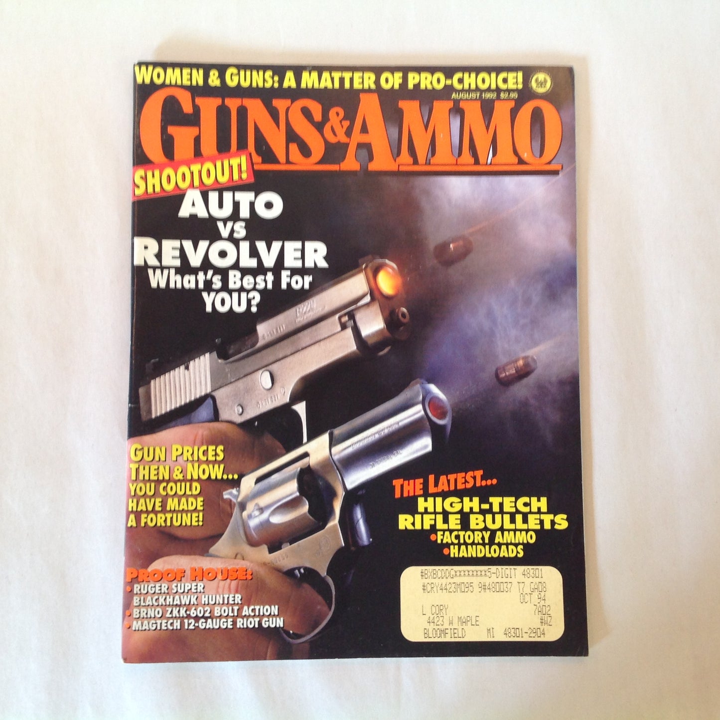 Vintage Aug 1992 Guns & Ammo Magazine Auto Vs Revolver Gun Prices Then & Now High-Tech Rifle Bullets