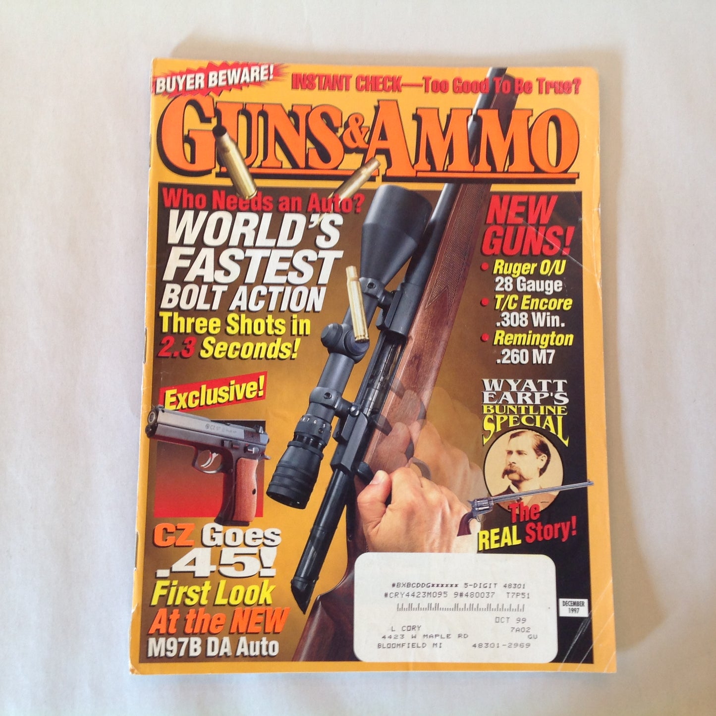Vintage Dec 1997 Guns & Ammo Magazine World's Fastest Bolt Action CZ Goes .45 New Guns Wyatt Earp's Buntline Special