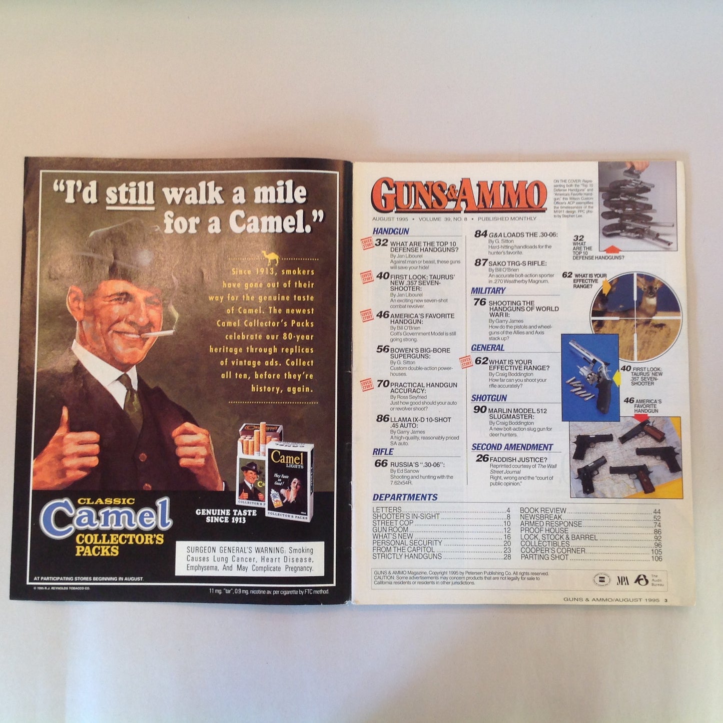 Vintage Aug 1995  Guns & Ammo Magazine Top 10 Defense Handguns Gov't Model First Look 7-Shot .357 Mag Revolver