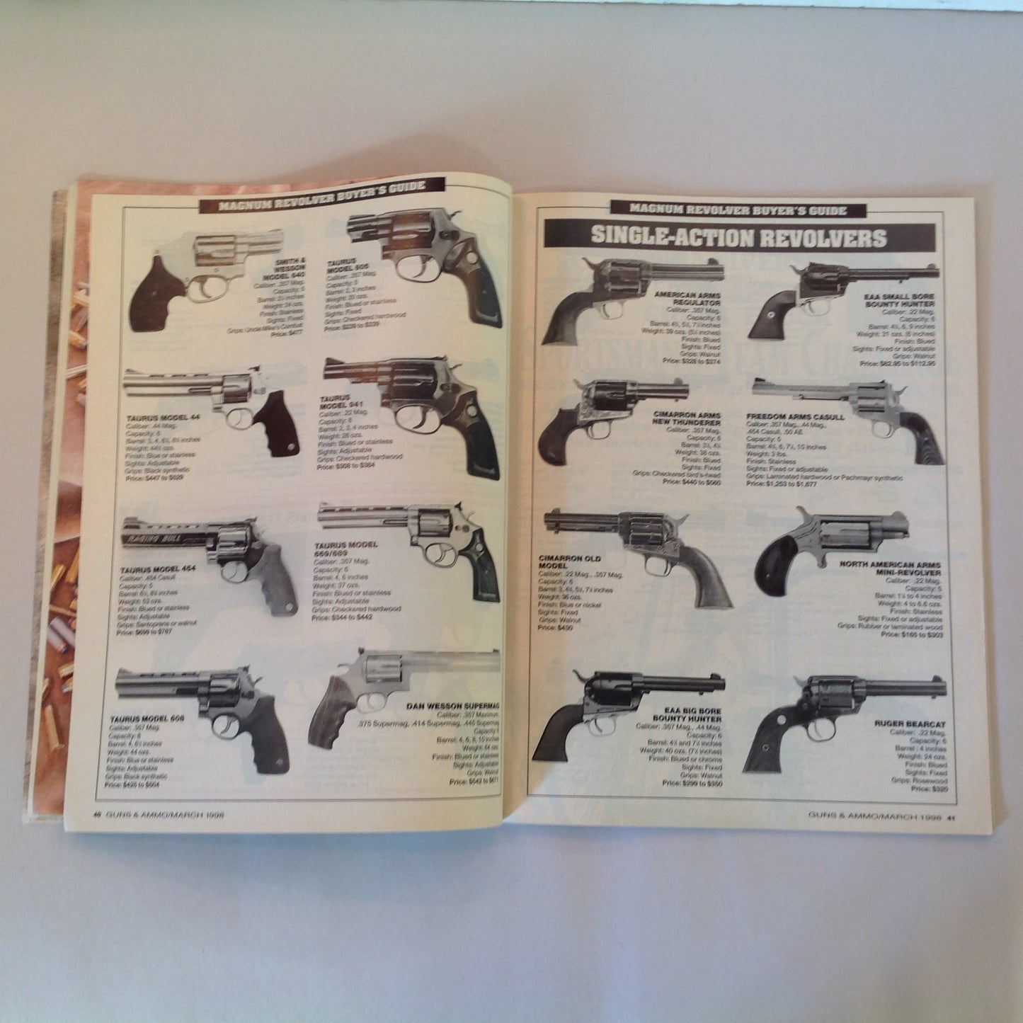 Vintage Mar 1998 Guns & Ammo Magazine Field Tests Raging Bull DA Revolver .45 ACP Luger Magnum Revolver Buyer's Guide