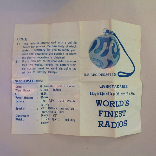Vintage Solid State C-Tone Model H.I. 73 High Quality Unbreakable Micro Radio Green Globe w/Chain and Box Hong Kong