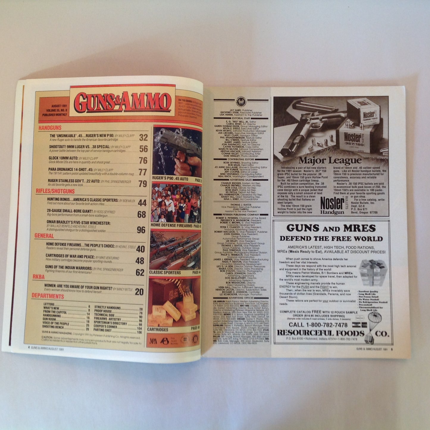 Vintage Aug 1991 Guns & Ammo Magazine Ruger New P90 9mm Luger Vs .38 Special All Time Classic Sporters
