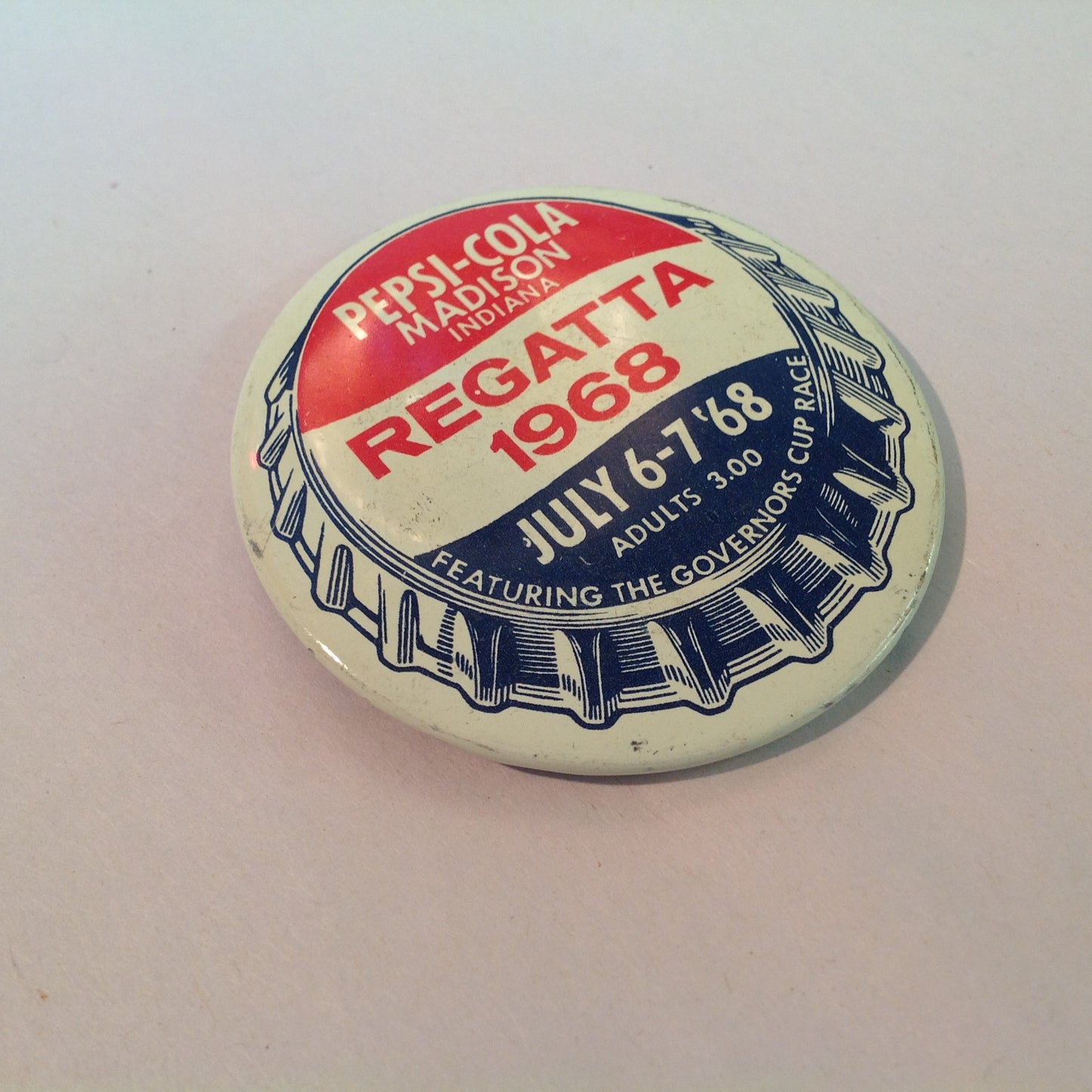 Vintage Pepsi-Cola Madison Indiana Regatta Jul 6-7 1968 Governor's Cup Race Souvenir Pinback
