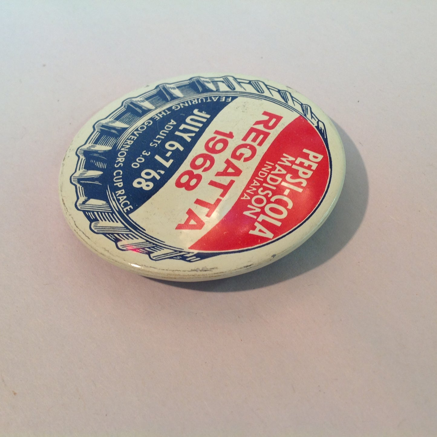 Vintage Pepsi-Cola Madison Indiana Regatta Jul 6-7 1968 Governor's Cup Race Souvenir Pinback