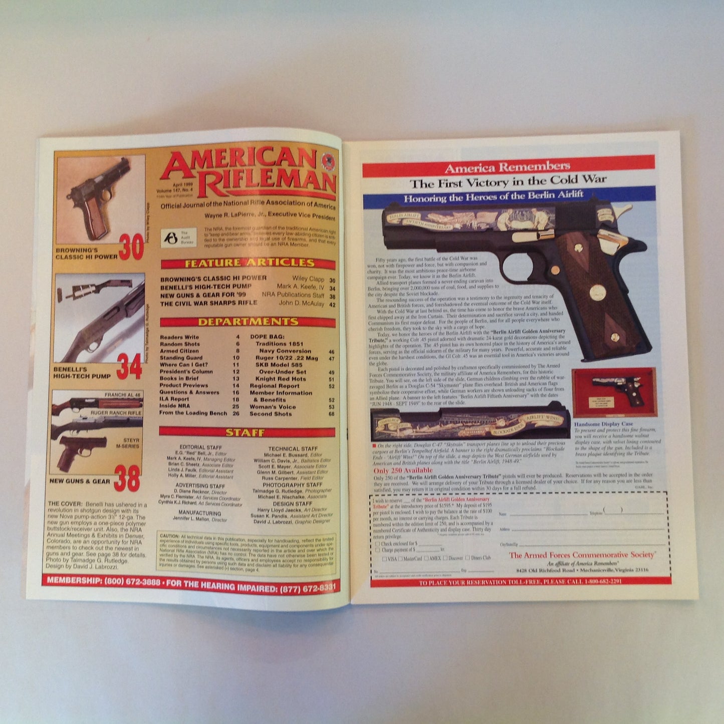 Vintage Apr 1999 American Rifleman Magazine Benelli's High-Tech Pump New Guns 1999 Browning's Classic Hi Power