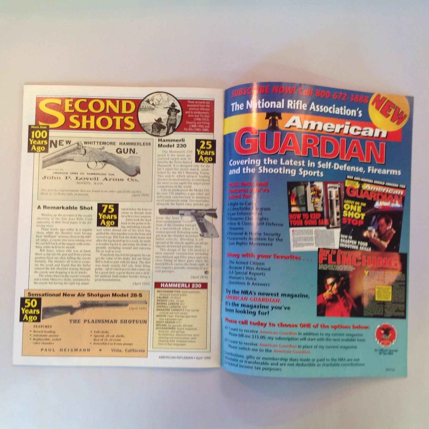 Vintage Apr 1999 American Rifleman Magazine Benelli's High-Tech Pump New Guns 1999 Browning's Classic Hi Power
