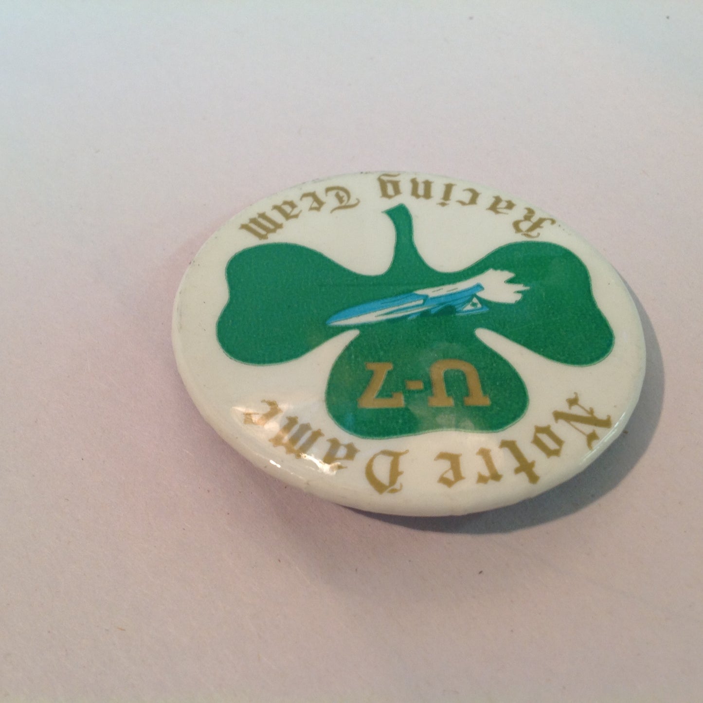 Vintage Souvenir Pinback Notre Dame U-7 Racing Team Hydroplane Boat Shamrock Graphics