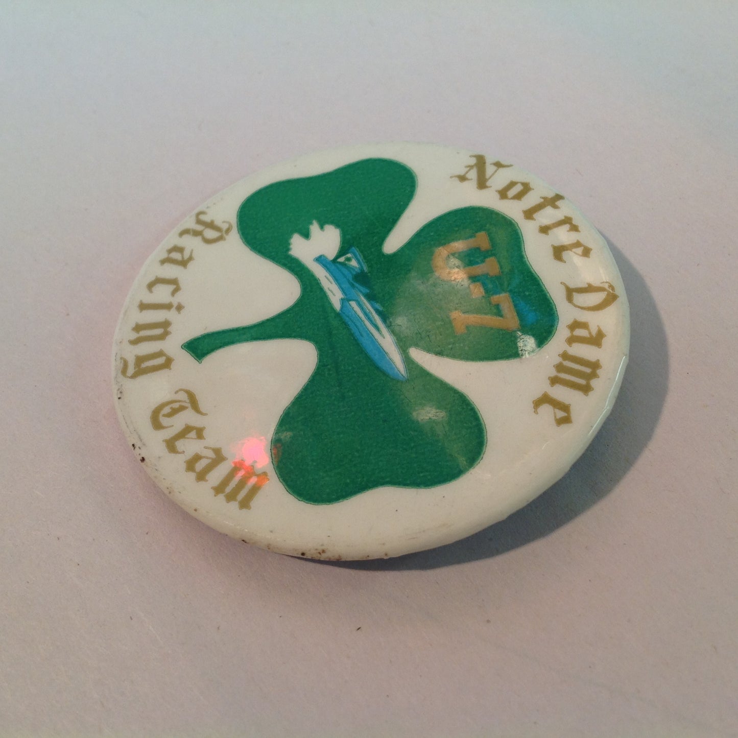 Vintage Souvenir Pinback Notre Dame U-7 Racing Team Hydroplane Boat Shamrock Graphics