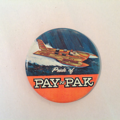 Vintage Souvenir Pinback Pride of Pay 'N Pak Hydroplane Boat Racing Winged Wonder