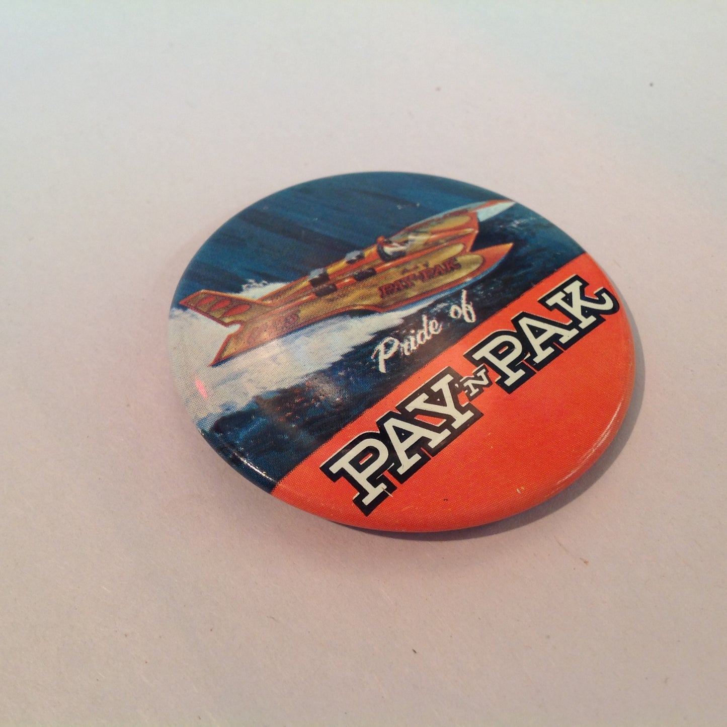 Vintage Souvenir Pinback Pride of Pay 'N Pak Hydroplane Boat Racing Winged Wonder