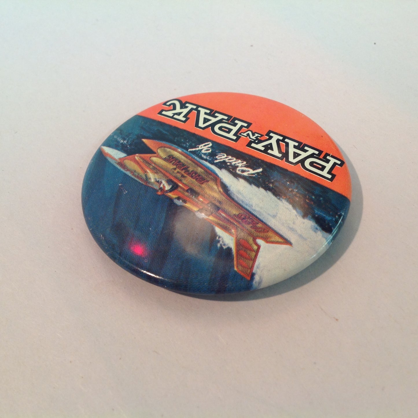 Vintage Souvenir Pinback Pride of Pay 'N Pak Hydroplane Boat Racing Winged Wonder