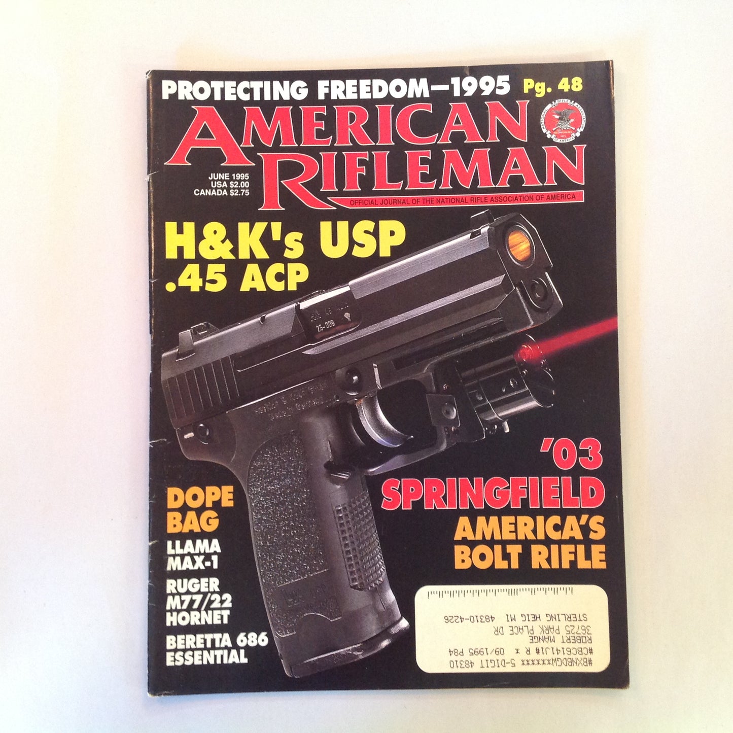 Vintage Jun 1995  American Rifleman Magazine H&K's USP .45 ACP '03 Springfield