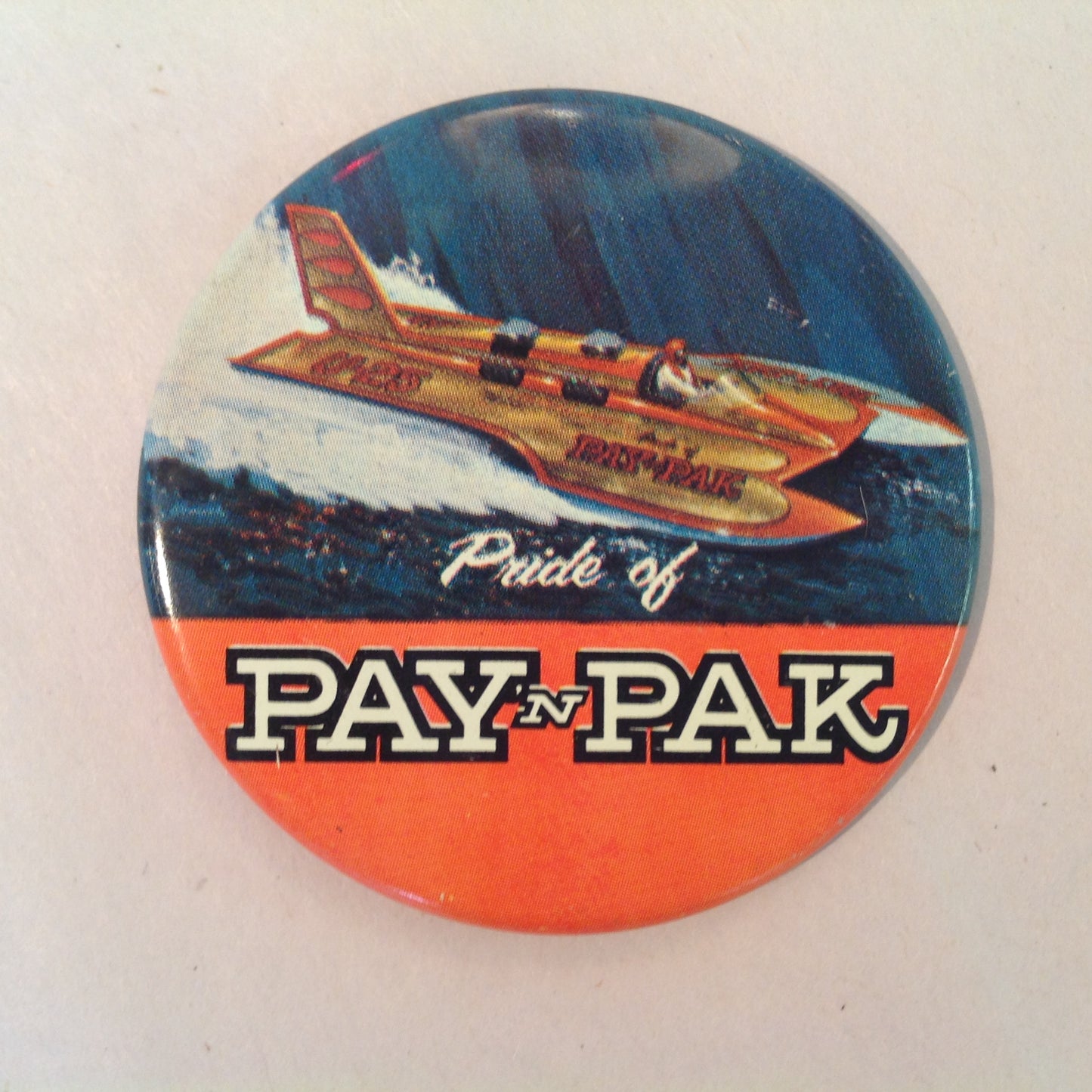 Vintage Souvenir Pinback Pride of Pay 'N Pak Hydroplane Boat Racing Winged Wonder