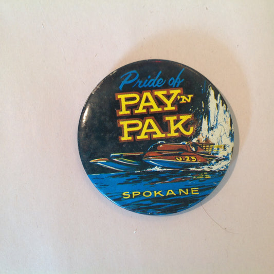 Vintage Souvenir Pinback Pride of Pay 'N Pak Spokane Hydroplane Racing Winged Wonder