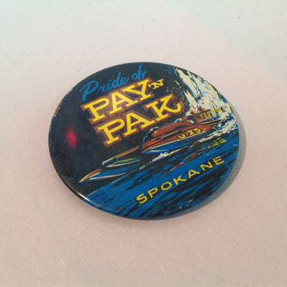 Vintage Souvenir Pinback Pride of Pay 'N Pak Spokane Hydroplane Racing Winged Wonder