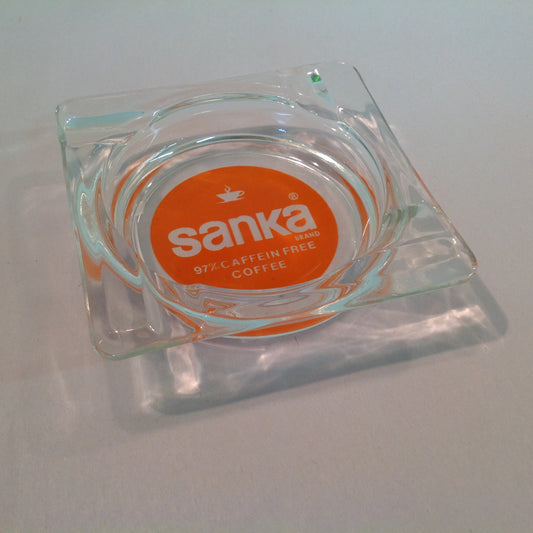 Vintage Promotional Glass Square Ash Tray Sanka Brand 97% Caffeine Free Coffee Advert