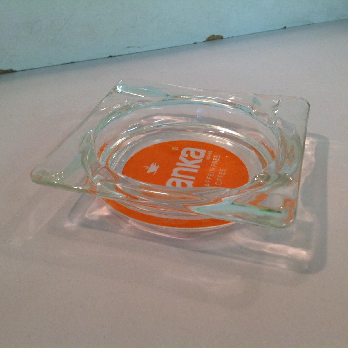Vintage Promotional Glass Square Ash Tray Sanka Brand 97% Caffeine Free Coffee Advert
