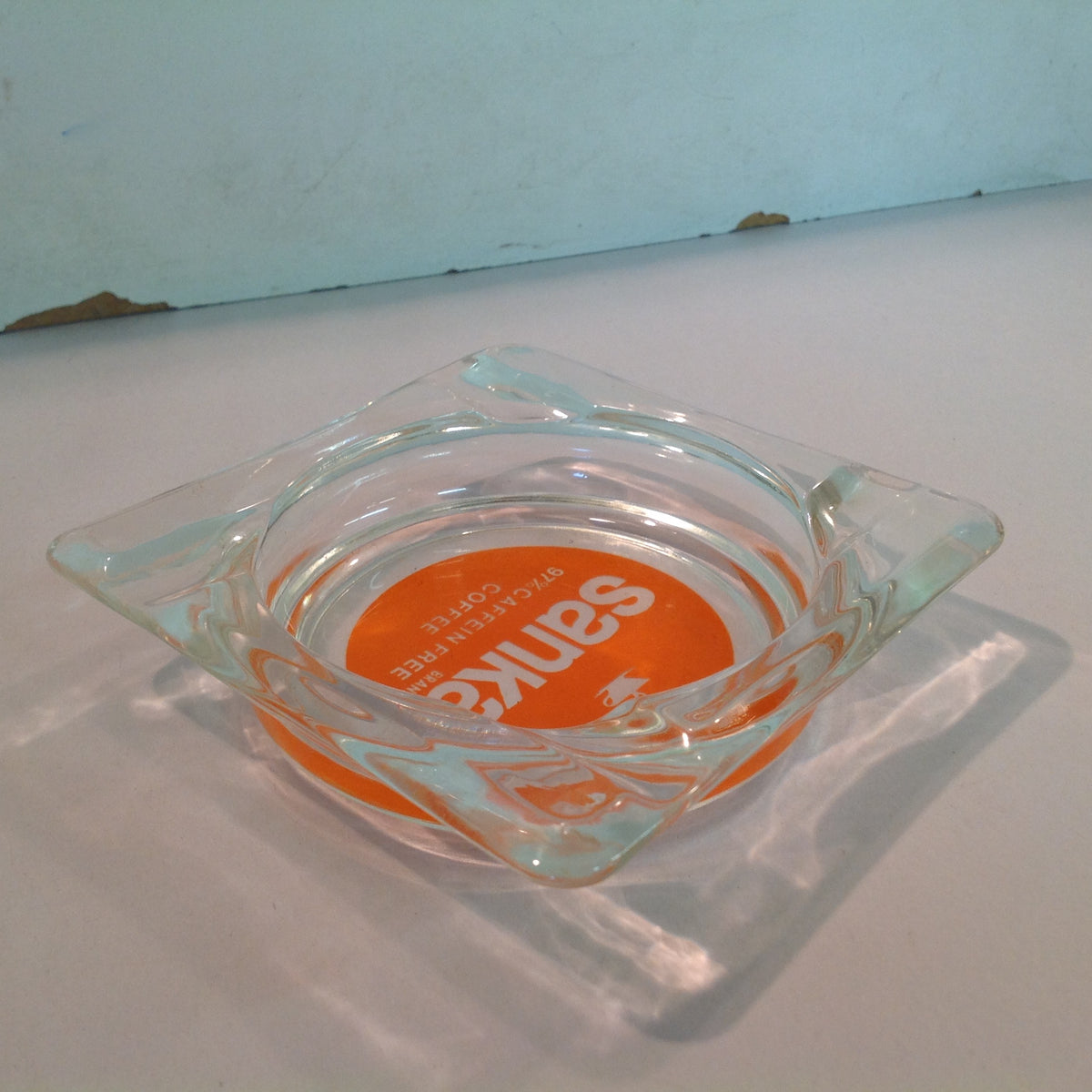 Vintage Promotional Glass Square Ash Tray Sanka Brand 97% Caffeine Free Coffee Advert