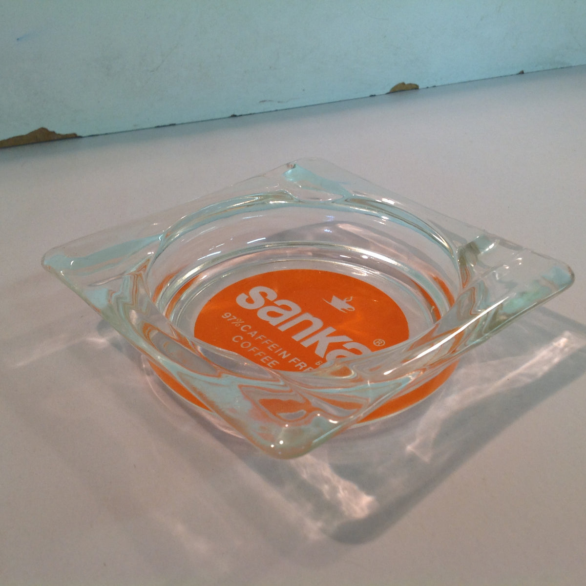 Vintage Promotional Glass Square Ash Tray Sanka Brand 97% Caffeine Free Coffee Advert