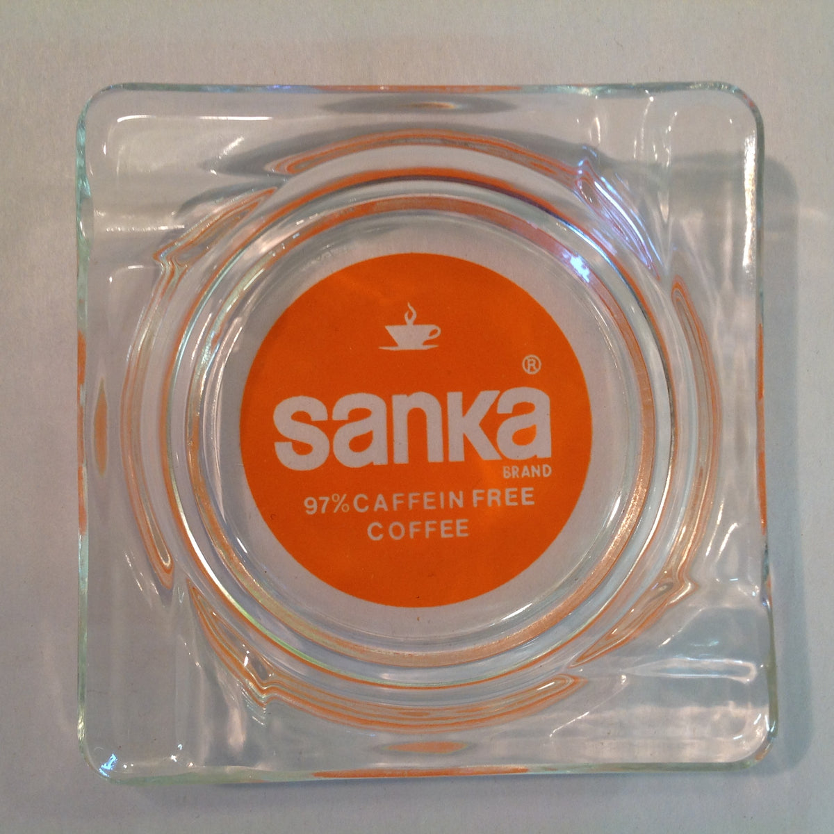 Vintage Promotional Glass Square Ash Tray Sanka Brand 97% Caffeine Free Coffee Advert