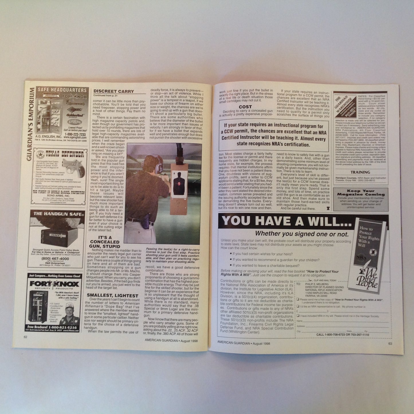 Vintage Aug 1998 American Guardian Magazine Factory Custom .45s Discreet Carry Basics NRA Firearms  Museum