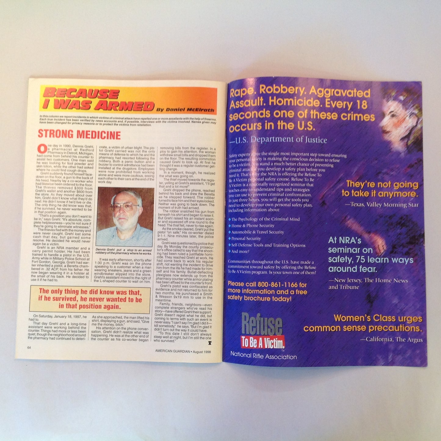 Vintage Aug 1998 American Guardian Magazine Factory Custom .45s Discreet Carry Basics NRA Firearms  Museum