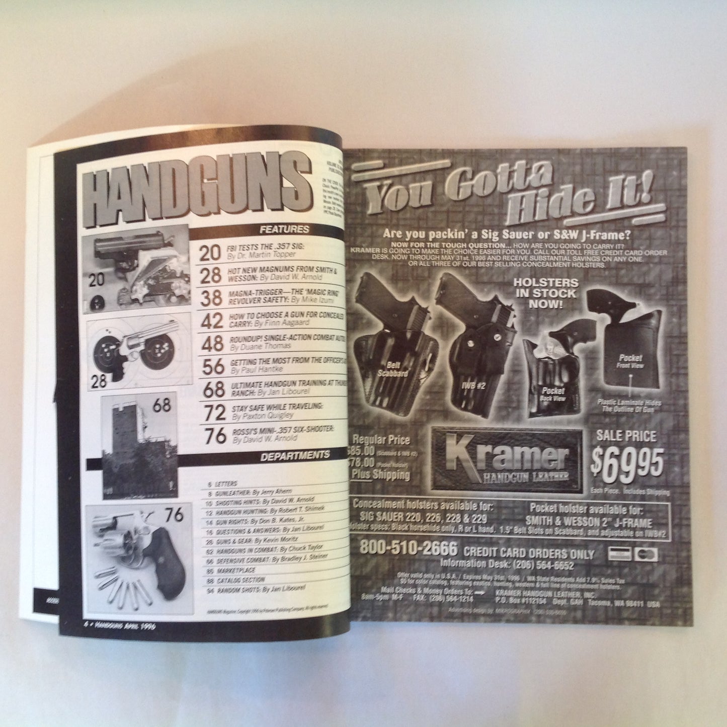 Vintage Apr 1996 Handguns Magazine Latest Smith & Wesson Magnums Concealed Carry .357 Magnum FBI .357 SIG Combat Training