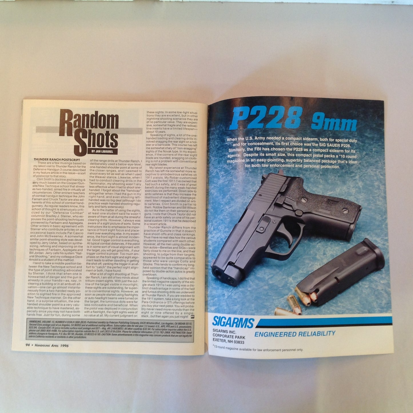 Vintage Apr 1996 Handguns Magazine Latest Smith & Wesson Magnums Concealed Carry .357 Magnum FBI .357 SIG Combat Training