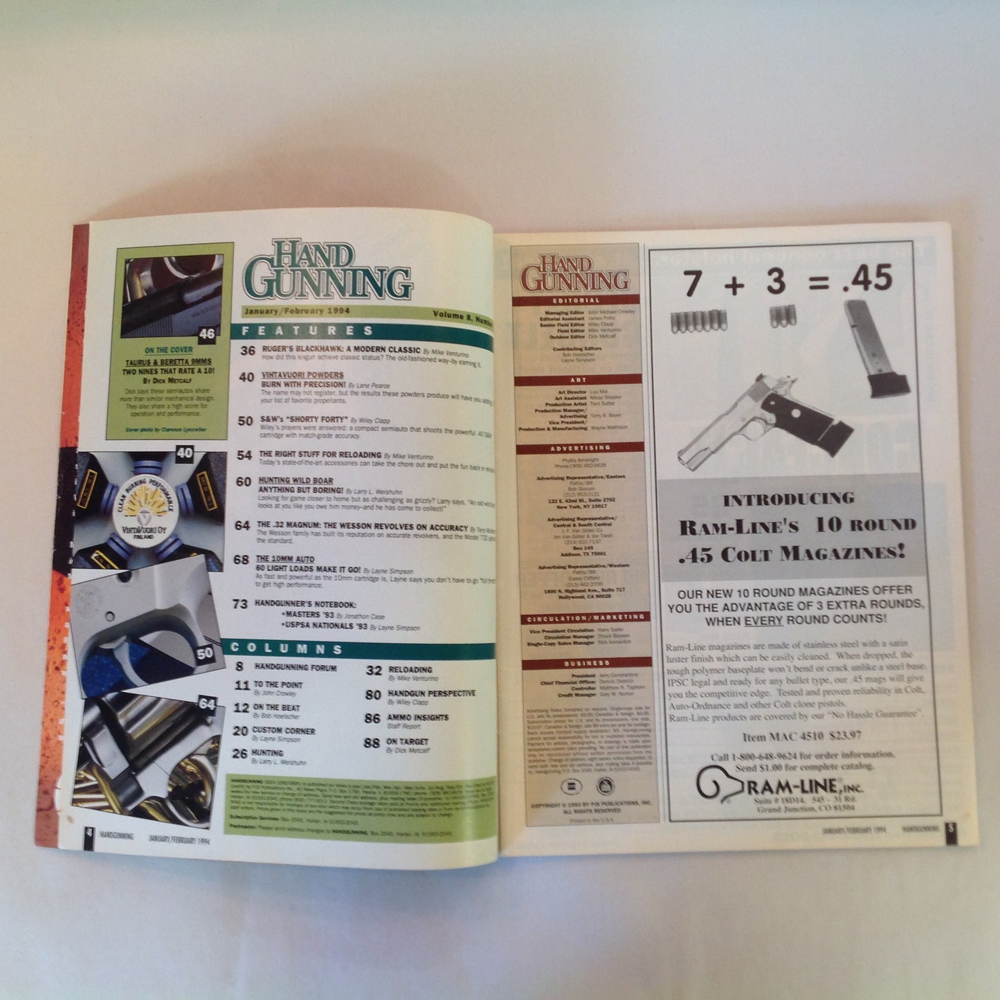 Vintage Jan/Feb 1994 Hand Gunning Magazine Taurus & Beretta  Reloading Special Barrel Life