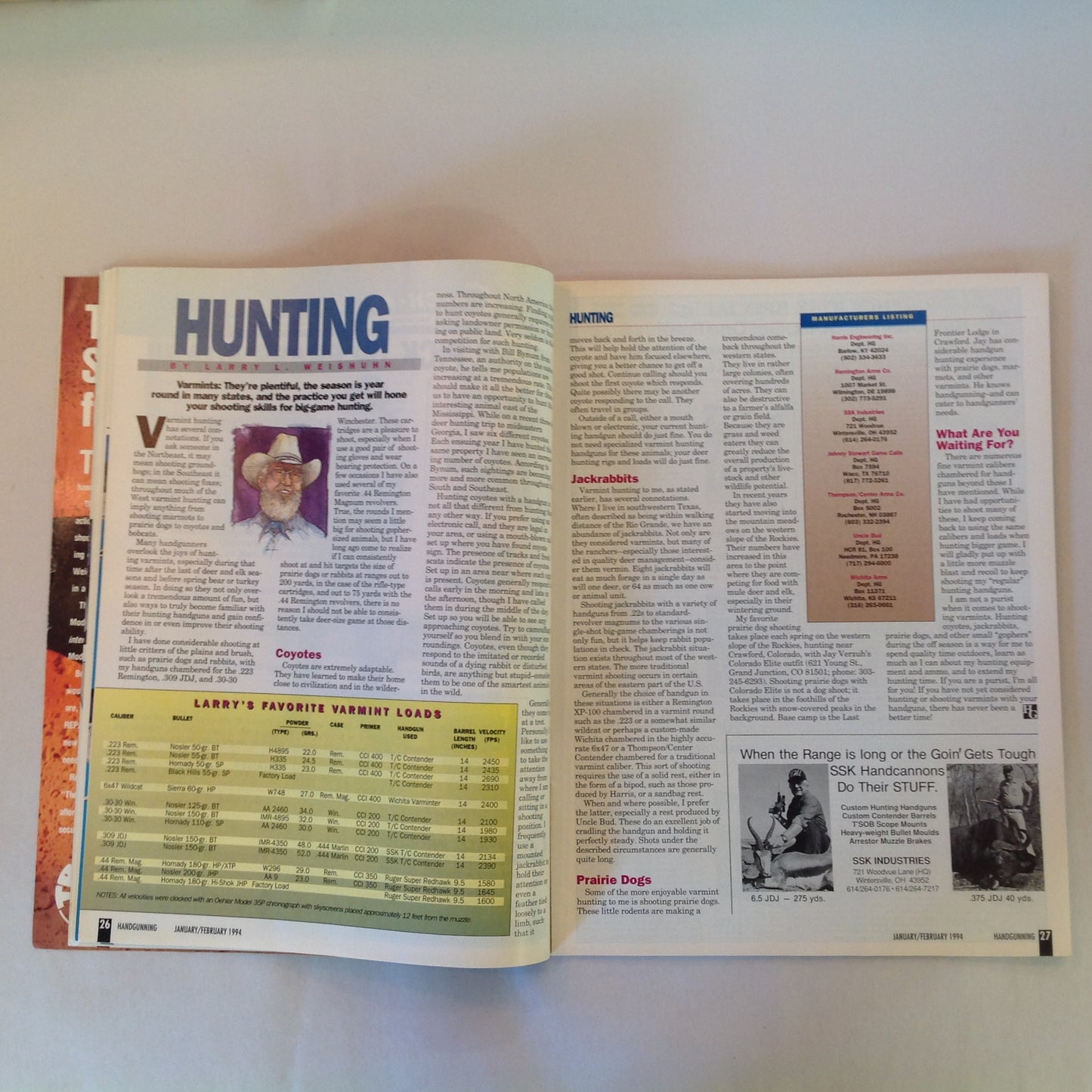 Vintage Jan/Feb 1994 Hand Gunning Magazine Taurus & Beretta  Reloading Special Barrel Life