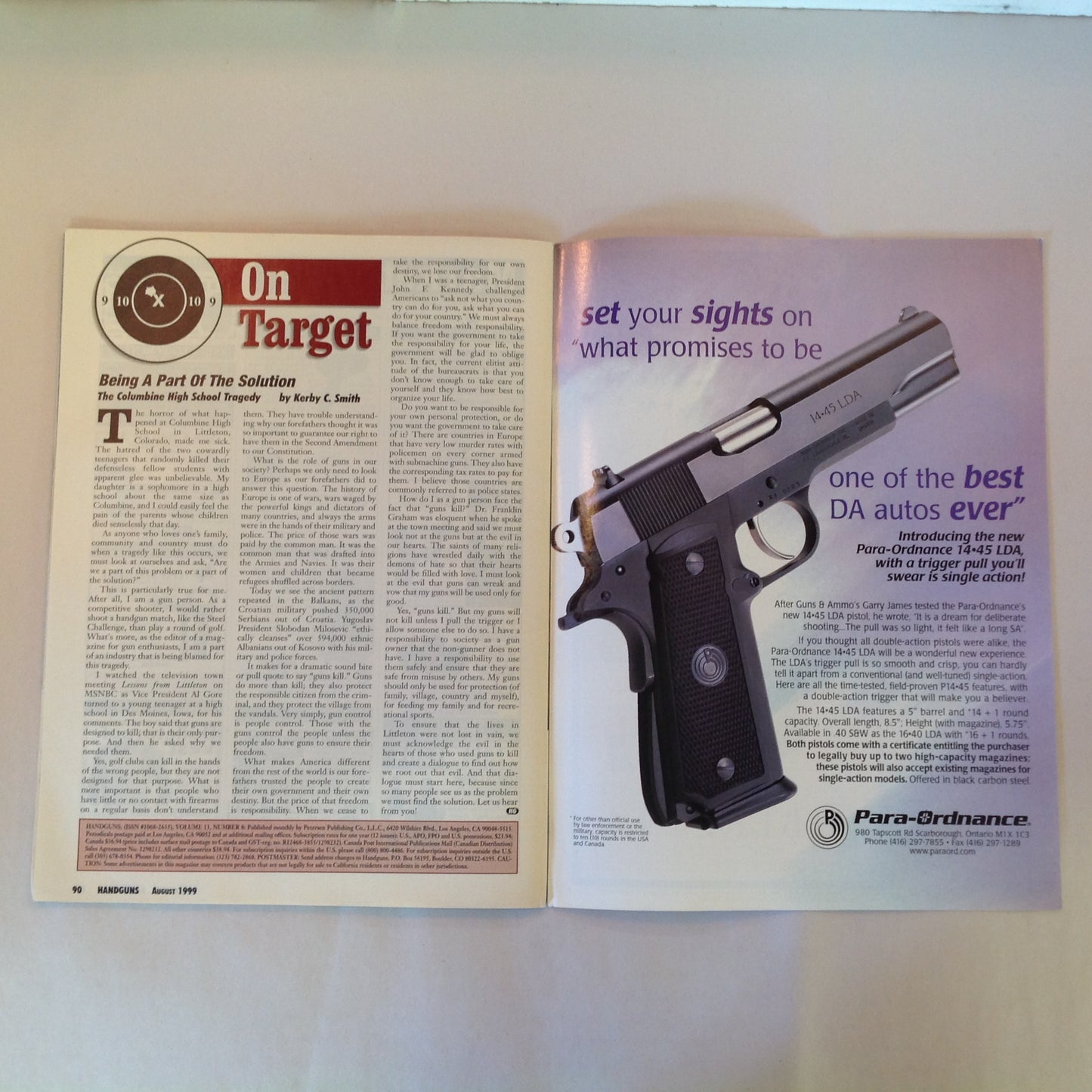 Vintage Aug 1999 Handguns Magazine It's A Polymer World H&K's Expert Shoulder Rig? Littleton Tragedy