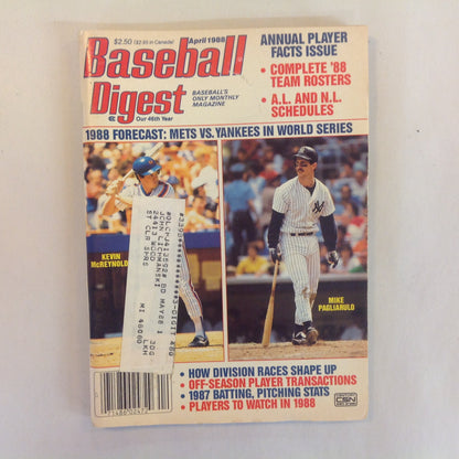 Vintage April 1988 Baseball Digest Magazine 1988 Forecast: Mets Vs. Yankees in World Series