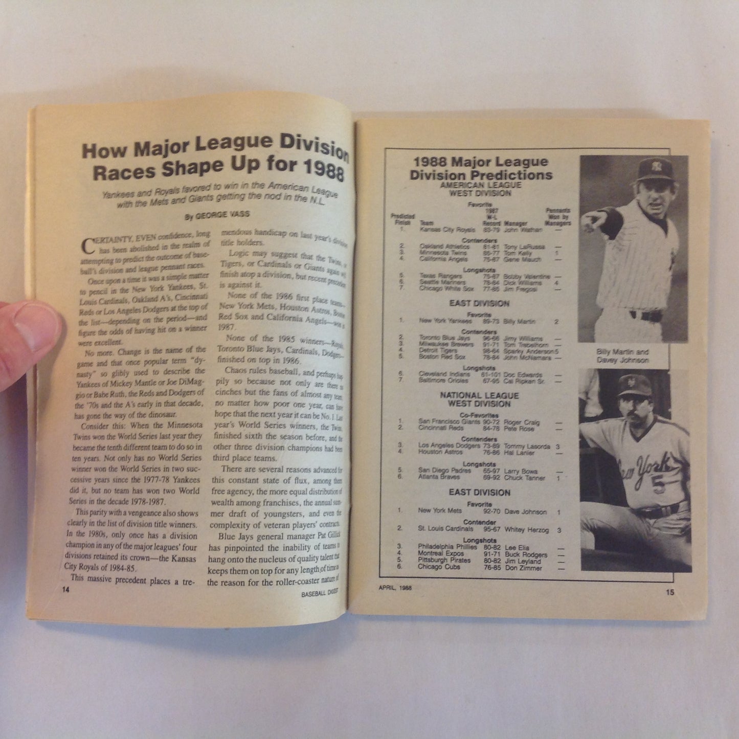 Vintage April 1988 Baseball Digest Magazine 1988 Forecast: Mets Vs. Yankees in World Series