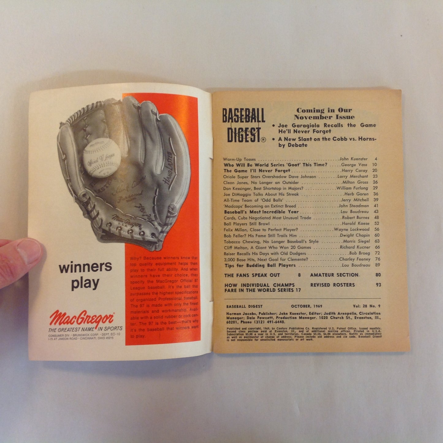 Vintage October 1969 Baseball Digest Magazine World Series Blunders - Baseball's Most Incredible Year