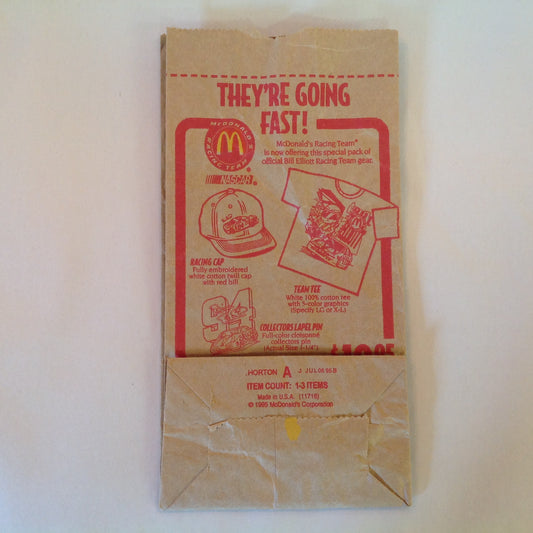 Vintage 1995 McDonald's Bill Elliott Racing Team Gear NASCAR 94 Paper Meal Bag